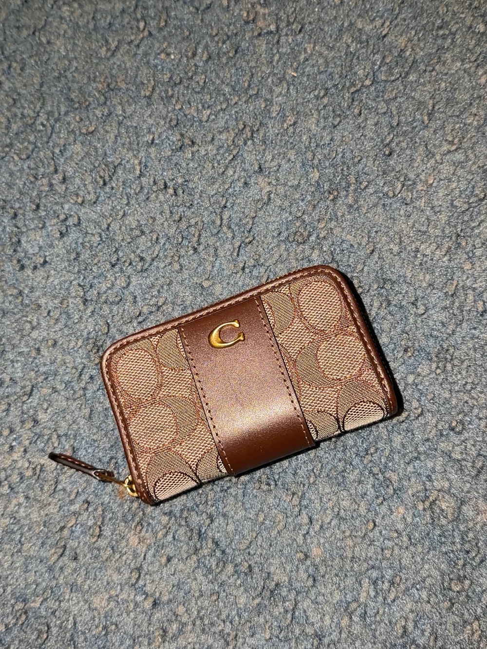 Coach Brown Signature Zip Card Case with Gold 'C'
